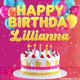Pink-themed animated greeting with balloons, confetti, and a frosted cake under the message 'Happy Birthday Lillianna' in bold rounded yellow font.