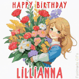 Bright floral birthday animation for Lillianna showing a cute cartoon girl with golden hair and expressive eyes holding a huge bouquet, surrounded by birthday text.