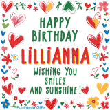 A colorful animated card for Lillianna’s birthday featuring playful hearts, cheerful flowers, and a handwritten message wishing smiles and sunshine.