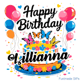 An animated birthday card for Lillianna. It features a festive cake with her name, 'Lillianna', and colorful butterflies. Floating balloons and hearts complete the joyful scene.