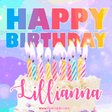 A vibrant animated name GIF with the words 'Happy Birthday Lillianna' with colorful candles on a creamy cake. The background sparkles with pastel shades, adding a festive touch.