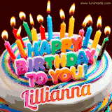 A colorful birthday cake topped with lit candles, with the words 'Happy Birthday Lillianna' in bold glowing letters on a burgundy background. Animated flames add a festive touch.