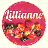 Beautifully decorated red velvet berry birthday cake with vibrant fruits and a glowing 'Lillianne' name, adding a touch of sweetness and sparkle.