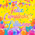 A bright and festive GIF with the text 'Feliz Cumpleaños Lillianne' in Spanish in colorful fonts, surrounded by confetti, balloons, and festive banners on a vibrant yellow background.