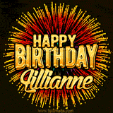 Golden 'Happy Birthday Lillianne' text accompanied by animated rainbow fireworks for a festive animated greeting.