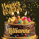 A delightful chocolate birthday cake with bright candles and 'Happy Birthday Lillianne' written in gold amidst a shower of animated stars.