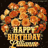 Animated bouquet of orange roses with moving butterfles and golden 'Happy Birthday Lillianne' text, surrounded by sparkling accents and a dark backdrop for a luxurious feel.