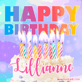 A vibrant animated name GIF with the words 'Happy Birthday Lillianne' with colorful candles on a creamy cake. The background sparkles with pastel shades, adding a festive touch.
