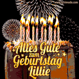 A chocolate birthday cake with glowing candles, the German text 'Alles Gute zum Geburtstag Lillie,' and vibrant fireworks lighting up the background in an animated GIF.