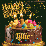 A delightful chocolate birthday cake with bright candles and 'Happy Birthday Lillie' written in gold amidst a shower of animated stars.