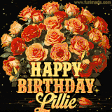 Animated bouquet of orange roses with moving butterfles and golden 'Happy Birthday Lillie' text, surrounded by sparkling accents and a dark backdrop for a luxurious feel.