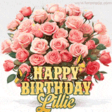 Golden 'Happy Birthday Lillie' text beneath a vibrant bouquet of orange roses, complete with glittering butterflies and sparkling details.