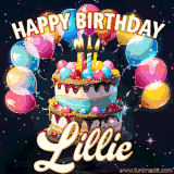 Bright birthday animation for Lillie with a chocolate cake, candles, balloons, and glowing celebratory lights.