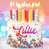 A cheerful white birthday cake with multicolor sprinkles, lit candles, and 'Lillie' written in vibrant letters, in an animated GIF.