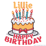 Cartoon birthday cake with a red bow, glowing candles, and 'Lillie Happy Birthday' text in bold animated style.