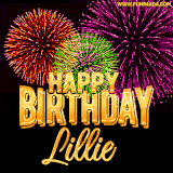 A golden 'Happy Birthday Lillie' message with vibrant fireworks in the background, creating a festive and celebratory vibe in this animated name GIF.