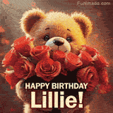 Cinematic style cute animated teddy bear with charming features holding a large bouquet of red roses, the words say 'Happy Birthday Lillie' in sans serif font.