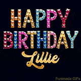 Vibrant luxury birthday greeting card for Lillie, showing glittering gemstone letters and golden calligraphy on a dark background with twinkling shine effects.