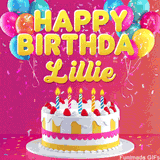 Pink-themed animated greeting with balloons, confetti, and a frosted cake under the message 'Happy Birthday Lillie' in bold rounded yellow font.