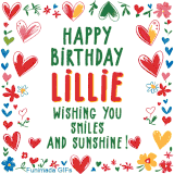 A colorful animated card for Lillie’s birthday featuring playful hearts, cheerful flowers, and a handwritten message wishing smiles and sunshine.