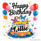 An animated birthday card for Lillie. It features a festive cake with her name, 'Lillie', and colorful butterflies. Floating balloons and hearts complete the joyful scene.