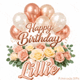 Beautiful cursive Happy Birthday Lillie text beautifully decorated with flowers