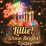 Close-up of a decorative chocolate cake with a glowing neon Happy Birthday sign and warm candle flames, made for Lillie.