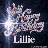 White lens flare effect glowing from crystal-encrusted cursive letters spelling Happy Birthday on a dark starry background.Lillie