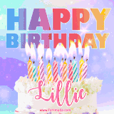 A vibrant animated name GIF with the words 'Happy Birthday Lillie' with colorful candles on a creamy cake. The background sparkles with pastel shades, adding a festive touch.