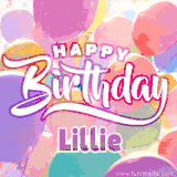 A vibrant name GIF featuring colorful balloons in shades of pink, orange, and yellow with the bold text 'Happy Birthday Lillie' in festive fonts, creating a lively birthday vibe.