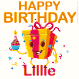 A vibrant and funny gift box character with a happy face dancing with a cupcake and the text 'Happy Birthday Lillie,' surrounded by animated confetti and party vibes.