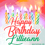 Bright birthday candles with rainbow flames on a cake, alongside the text 'Happy Birthday Lillieann' in vibrant script in this celebratory animated GIF.