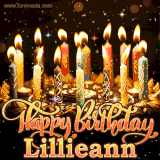 A glowing personalized birthday GIF with name Lillieann featuring lit candles with intricate designs, warm lighting, and the text 'Happy Birthday' in an elegant font.