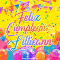 A bright and festive GIF with the text 'Feliz Cumpleaños Lillieann' in Spanish in colorful fonts, surrounded by confetti, balloons, and festive banners on a vibrant yellow background.