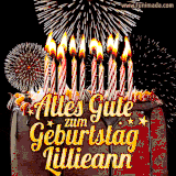 A chocolate birthday cake with glowing candles, the German text 'Alles Gute zum Geburtstag Lillieann,' and vibrant fireworks lighting up the background in an animated GIF.