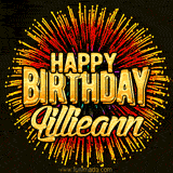 Golden 'Happy Birthday Lillieann' text accompanied by animated rainbow fireworks for a festive animated greeting.