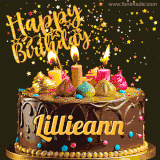 A delightful chocolate birthday cake with bright candles and 'Happy Birthday Lillieann' written in gold amidst a shower of animated stars.