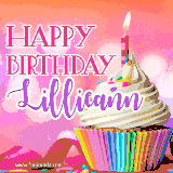 A vibrant birthday GIF featuring a rainbow-colored cupcake topped with white frosting, sprinkles, and a lit candle. The text reads 'Happy Birthday Lillieann' in bold pink and violet letters with white outline.