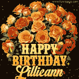 Animated bouquet of orange roses with moving butterfles and golden 'Happy Birthday Lillieann' text, surrounded by sparkling accents and a dark backdrop for a luxurious feel.