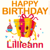 A vibrant and funny gift box character with a happy face dancing with a cupcake and the text 'Happy Birthday Lillieann,' surrounded by animated confetti and party vibes.