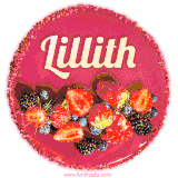 Beautifully decorated red velvet berry birthday cake with vibrant fruits and a glowing 'Lillith' name, adding a touch of sweetness and sparkle.