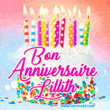 A white birthday cake covered in colorful sprinkles, topped with bright candles, and French text 'Bon Anniversaire Lillith' on a pastel gradient background in an animated GIF.