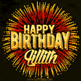 Golden 'Happy Birthday Lillith' text accompanied by animated rainbow fireworks for a festive animated greeting.