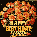 Animated bouquet of orange roses with moving butterfles and golden 'Happy Birthday Lillith' text, surrounded by sparkling accents and a dark backdrop for a luxurious feel.