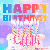 A vibrant animated name GIF with the words 'Happy Birthday Lillith' with colorful candles on a creamy cake. The background sparkles with pastel shades, adding a festive touch.