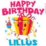 A vibrant and funny gift box character with a happy face dancing with a cupcake and the text 'Happy Birthday Lillus,' surrounded by animated confetti and party vibes.