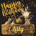 Celebrate Lilly's birthday with a GIF featuring chocolate cake, a lit sparkler, and golden stars