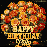 Animated bouquet of orange roses with moving butterfles and golden 'Happy Birthday Lilly' text, surrounded by sparkling accents and a dark backdrop for a luxurious feel.