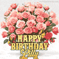Birthday wishes to Lilly with a charming GIF featuring pink roses, butterflies and golden quote