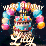 Bright birthday animation for Lilly with a chocolate cake, candles, balloons, and glowing celebratory lights.